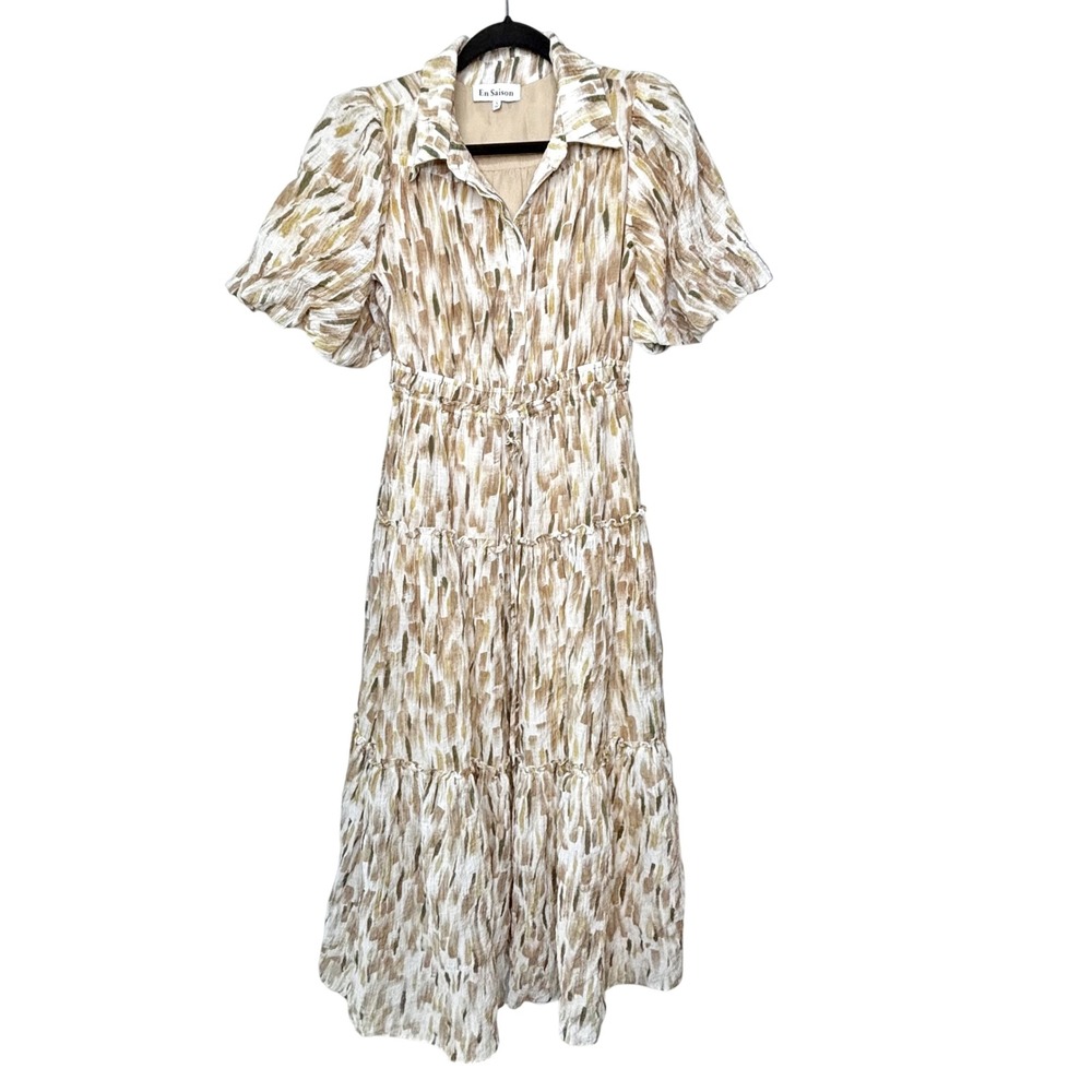 En Saison Neutral Tiered Midi/Maxi Dress Size S Button Front Elastic Waist Boho